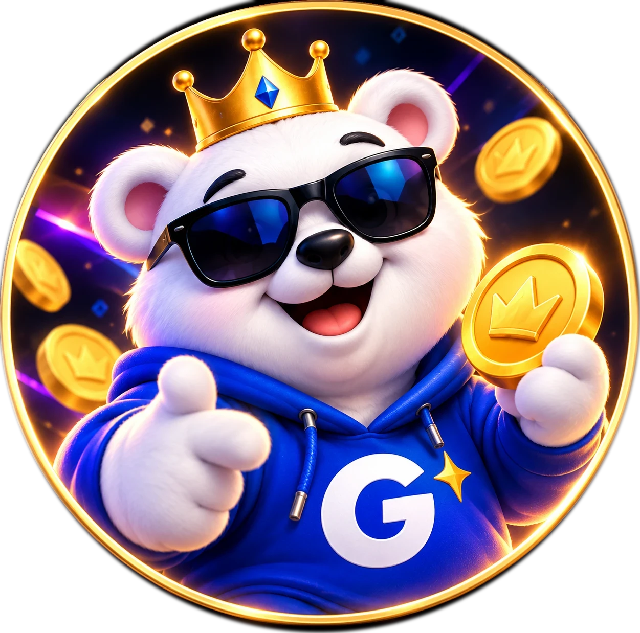 Gemzy in sunglasses holding up a gold coin