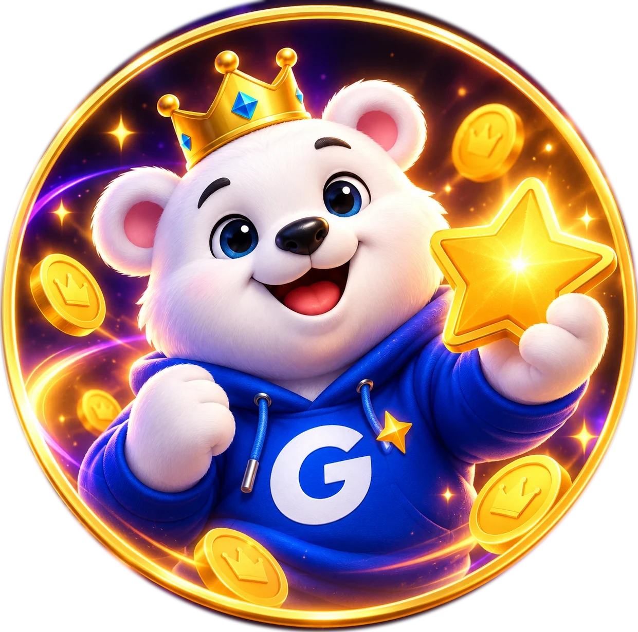 Gemzy celebrating with a gold star and coins