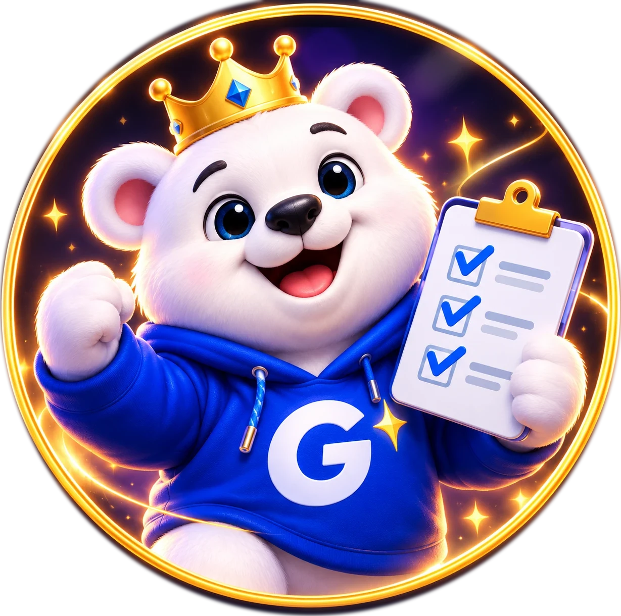 Gemzy cheering while holding a completed task checklist